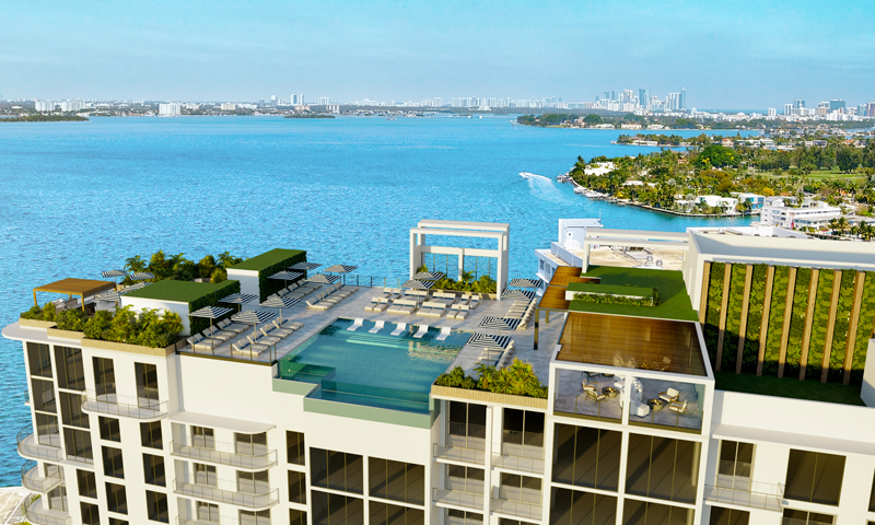 Rooftop y piscina de Shoma Bay con vistas a la bahía de Biscayne